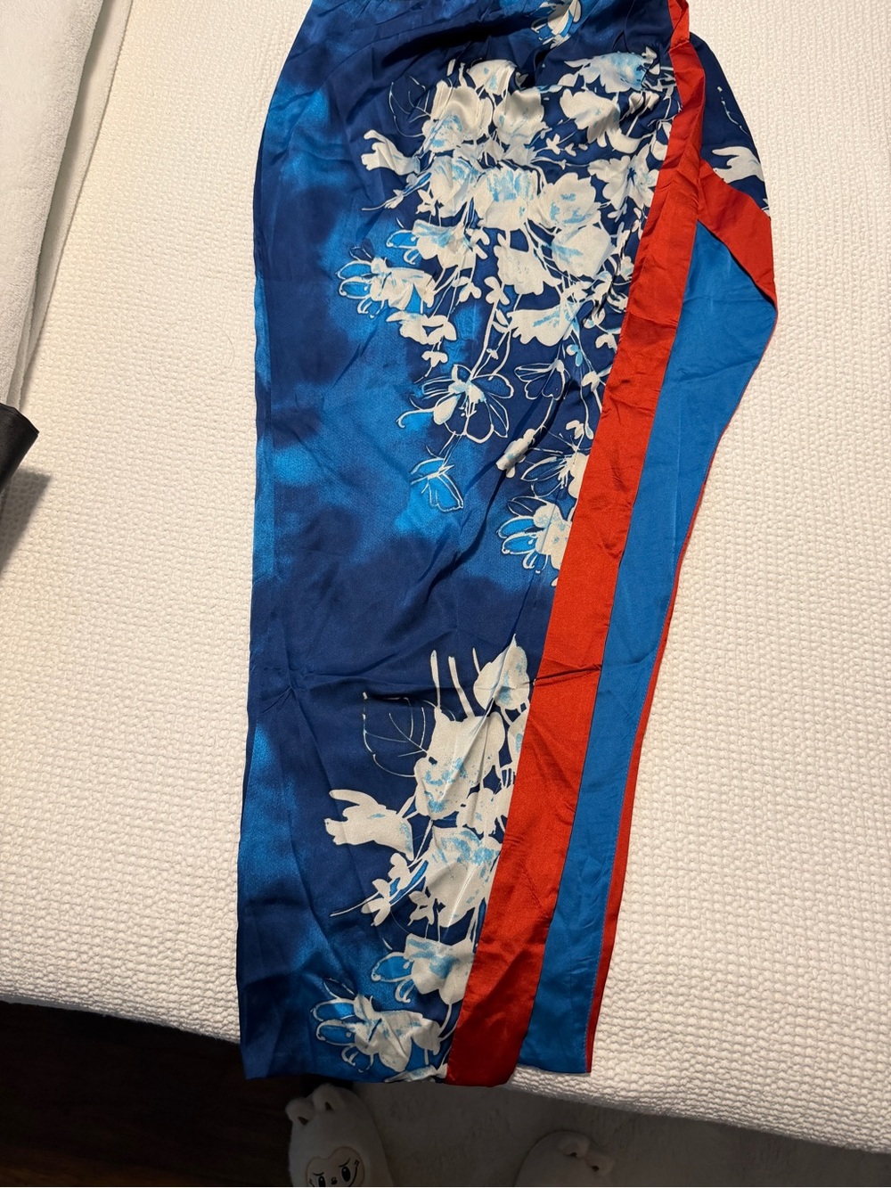Fashion Nova Blue Floral Midi Skirt with Red Side Stripe